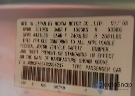 2008 Honda Accord 2.4 Ex-L from USA, damaged, VIN JHMCP268X8C054237